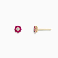 Earrings|BH Multi Nature 14K Yellow Gold Ruby and Diamond Flower Earrings, 0.50 TCW