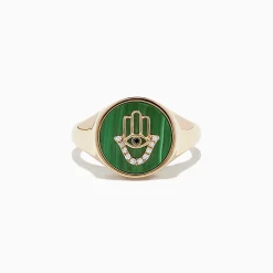Rings|BH Multi Novelty 14K Yellow Gold Malachite and Diamond Hamsa Ring, 2.86 TCW