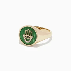 Rings|BH Multi Novelty 14K Yellow Gold Malachite and Diamond Hamsa Ring, 2.86 TCW