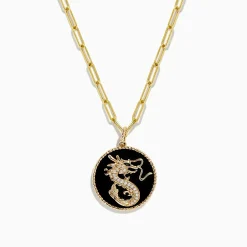 Necklaces & Pendants|BH Multi Novelty 14K Yellow Gold Onyx and Diamond Dragon Coin Pendant, 4.62 TCW