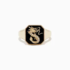 Rings|BH Multi Novelty 14K Yellow Gold Onyx and Diamond Dragon Signet Ring, 1.91 TCW
