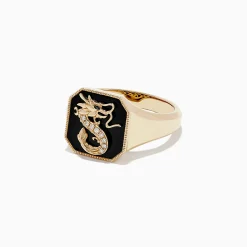 Rings|BH Multi Novelty 14K Yellow Gold Onyx and Diamond Dragon Signet Ring, 1.91 TCW