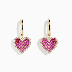 Earrings|Effy Jewelry Novelty 14K Yellow Gold Ruby, Pink Sapphire and Diamond Heart Earrings