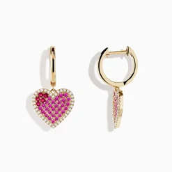 Earrings|Effy Jewelry Novelty 14K Yellow Gold Ruby, Pink Sapphire and Diamond Heart Earrings