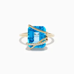 Rings|Effy Jewelry Ocean Bleu 14K Yellow Gold Blue Topaz and Diamond Ring