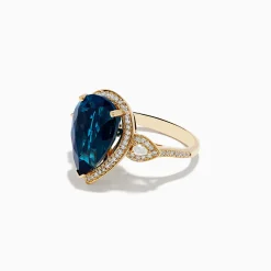 Rings|Effy Jewelry Ocean Bleu 14K Yellow Gold Pear Shaped Blue Topaz and Diamond Cocktail Ring