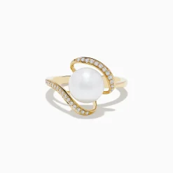 Rings|Effy Jewelry Pearl 14K Yellow Gold Pearl and Diamond Ribbon Ring