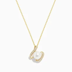 Necklaces & Pendants|Effy Jewelry Pearl 14K Yellow Gold Pearl and Diamond Ribbon Necklace