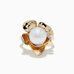 Rings|Effy Jewelry Pearl 14K Yellow Gold Pearl and Diamond Flower Ring