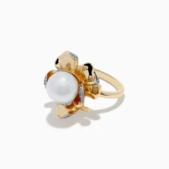 Rings|Effy Jewelry Pearl 14K Yellow Gold Pearl and Diamond Flower Ring
