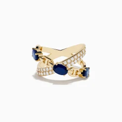 Rings|Effy Jewelry Royal Bleu 14K Yellow Gold Sapphire and Diamond Criss Cross Chain Link Ring