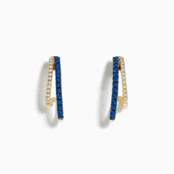 Earrings|Effy Jewelry Royal Bleu 14K Yellow Gold Sapphire and Diamond Double Hoop Earrings