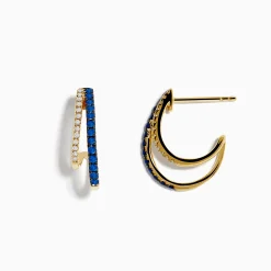 Earrings|Effy Jewelry Royal Bleu 14K Yellow Gold Sapphire and Diamond Double Hoop Earrings