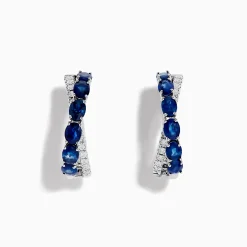 Earrings|Effy Jewelry Royale Bleu 14K White Gold Blue Sapphire and Diamond Hoop Earrings