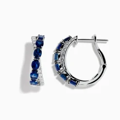 Earrings|Effy Jewelry Royale Bleu 14K White Gold Blue Sapphire and Diamond Hoop Earrings