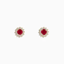 Earrings|Effy Jewelry Ruby Royal 14K Yellow Gold Round Diamond Halo Ruby Stud Earrings, 0.89 TCW