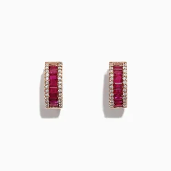 Earrings|Effy Jewelry Ruby Royale 14K Rose Gold Baguette Cut Ruby Hoop Earrings, 1.90 TCW