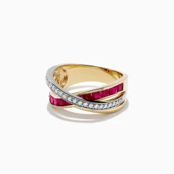 Rings|BH Multi Ruby Royale 14K Two Tone Gold Ruby and Diamond Crossover Band, 1.48 TCW
