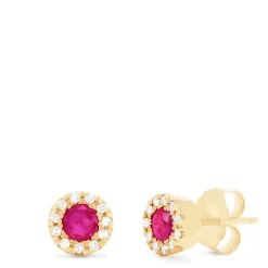 Earrings|Effy Jewelry Ruby Royale 14K Yellow Gold Round Diamond Halo Ruby Stud Earrings, 0.47 TCW