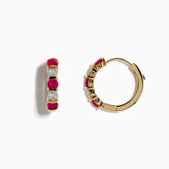 Earrings|Effy Jewelry Ruby Royale 14K Yellow Gold Ruby and Diamond 5/8" Hoop Earrings