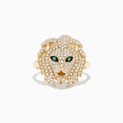 Rings|BH Multi Safari 14K Yellow Gold Diamond and Tsavorite Lion Head Ring, 0.69 TCW