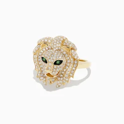 Rings|BH Multi Safari 14K Yellow Gold Diamond and Tsavorite Lion Head Ring, 0.69 TCW