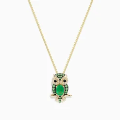 Necklaces & Pendants|BH Multi Safari 14K Yellow Gold Emerald and Diamond Owl Pendant
