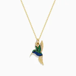 Necklaces & Pendants|Effy Jewelry Safari 14k Yellow Gold Emerald and Sapphire Humming Bird Pendant