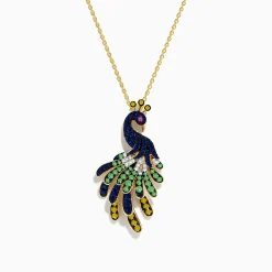 Necklaces & Pendants|Effy Jewelry Safari 14K Yellow Gold Multi Color Sapphire and Diamond Peacock Pendant