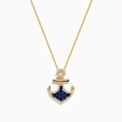 Necklaces & Pendants|Effy Jewelry Seaside 14K Yellow Gold Blue Sapphire and Diamond Anchor Pendant