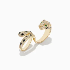 Rings|Effy Jewelry Signature 14K Gold Emerald, Black and White Double Finger Ring