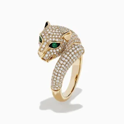 Rings|BH Multi Signature 14K Yellow Gold Diamond and Emerald Panther Ring, 1.43 TCW