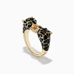 Rings|Effy Jewelry Signature 14K Yellow Gold Emerald and Diamond Black Enamel Panther Ring