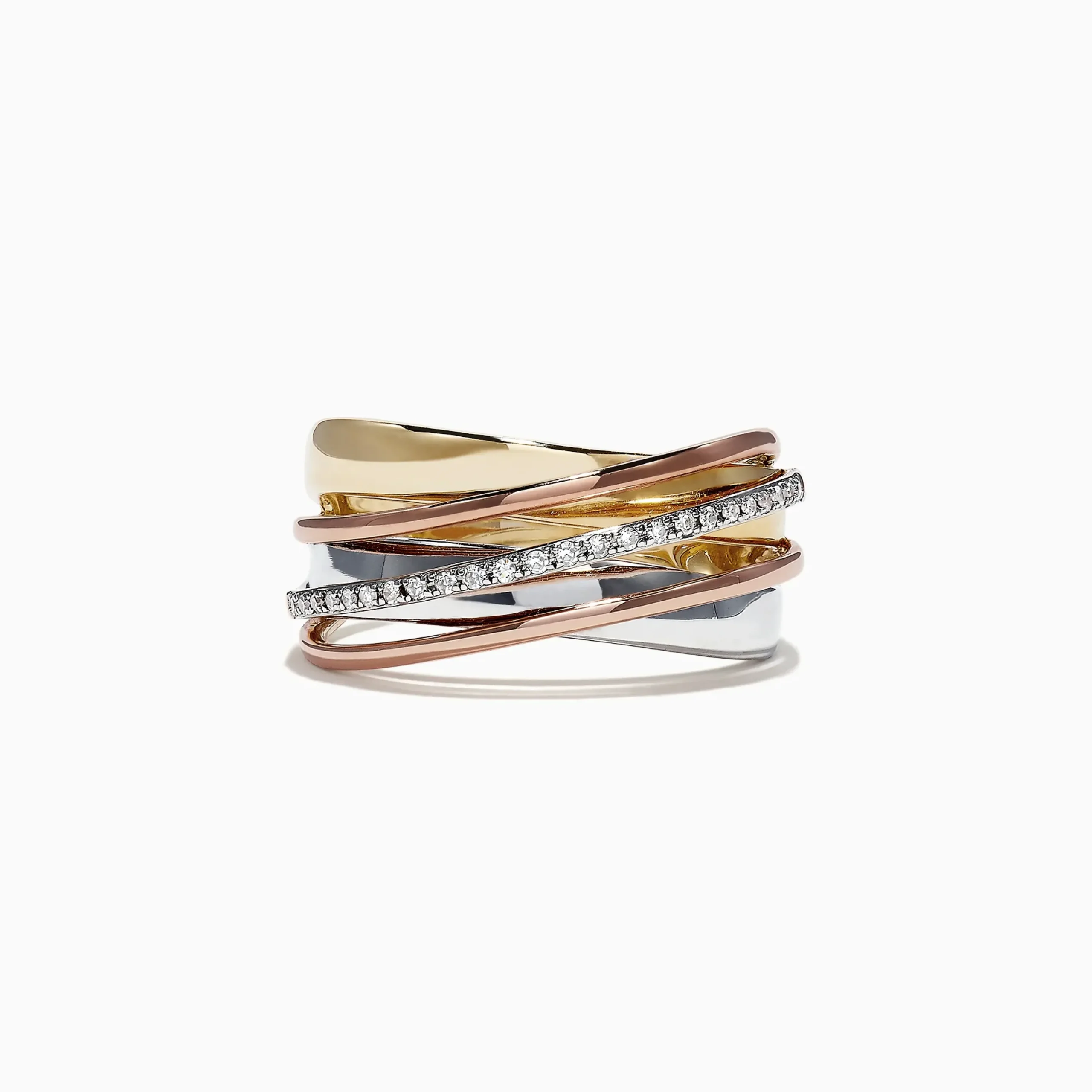 Rings|Effy Jewelry Trio 14K Tri-Color Gold Diamond Accented Crossover Ring, 0.11 TCW