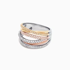 Rings|Effy Jewelry Trio 14K Tri-Color Gold Pave Diamond Crossover Ring, 0.54 TCW