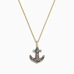 Necklaces & Pendants|Effy Jewelry Watercolors 14K Gold Multi Sapphire Diamond Anchor Pendant, 0.76 TCW
