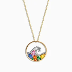Necklaces & Pendants|Effy Jewelry Watercolors 14K Gold Multi Sapphire Diamond Wave Pendant, 1.63 TCW