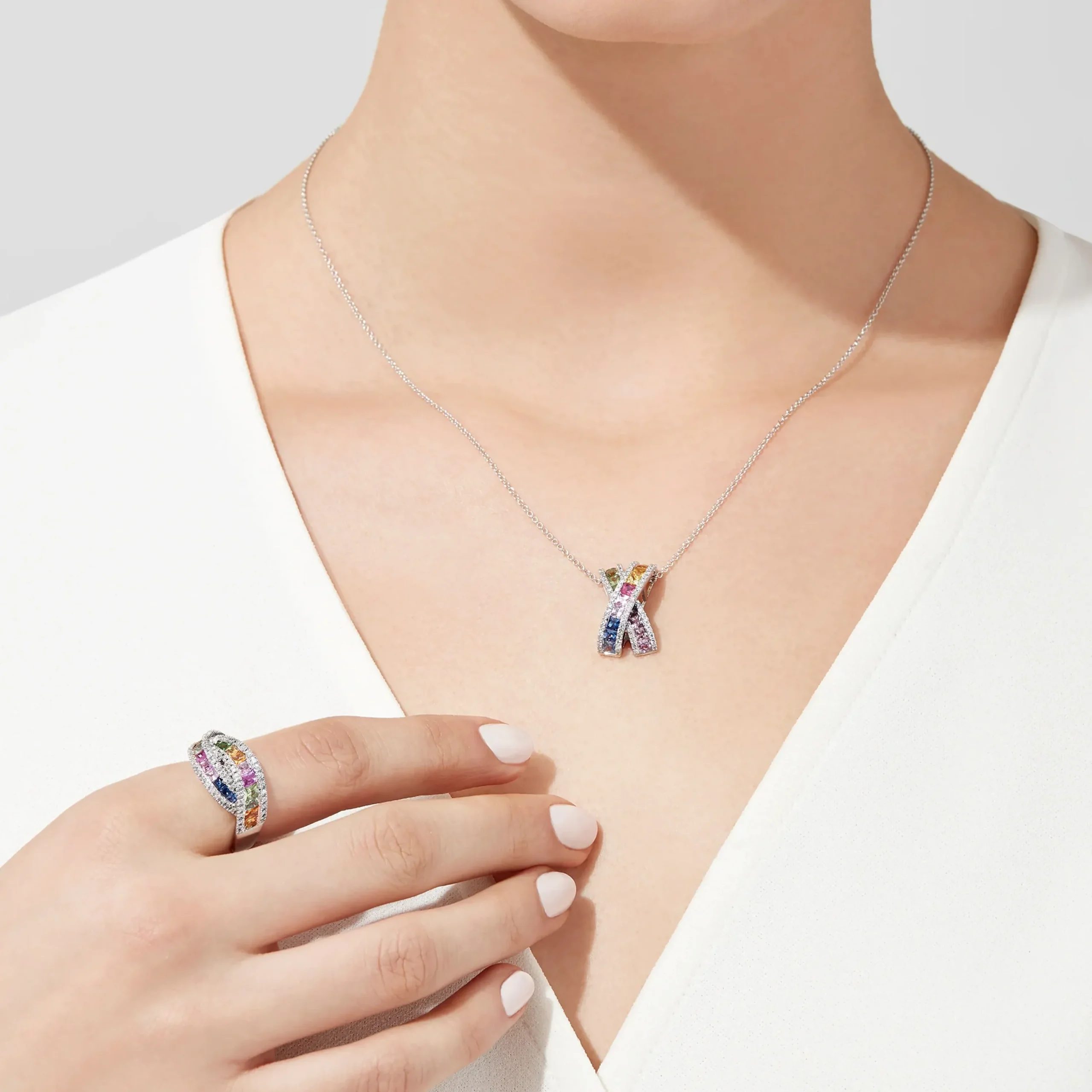 Rings|Effy Jewelry Watercolors 14K White Gold Multi Sapphire and Diamond Ring, 1.95 TCW