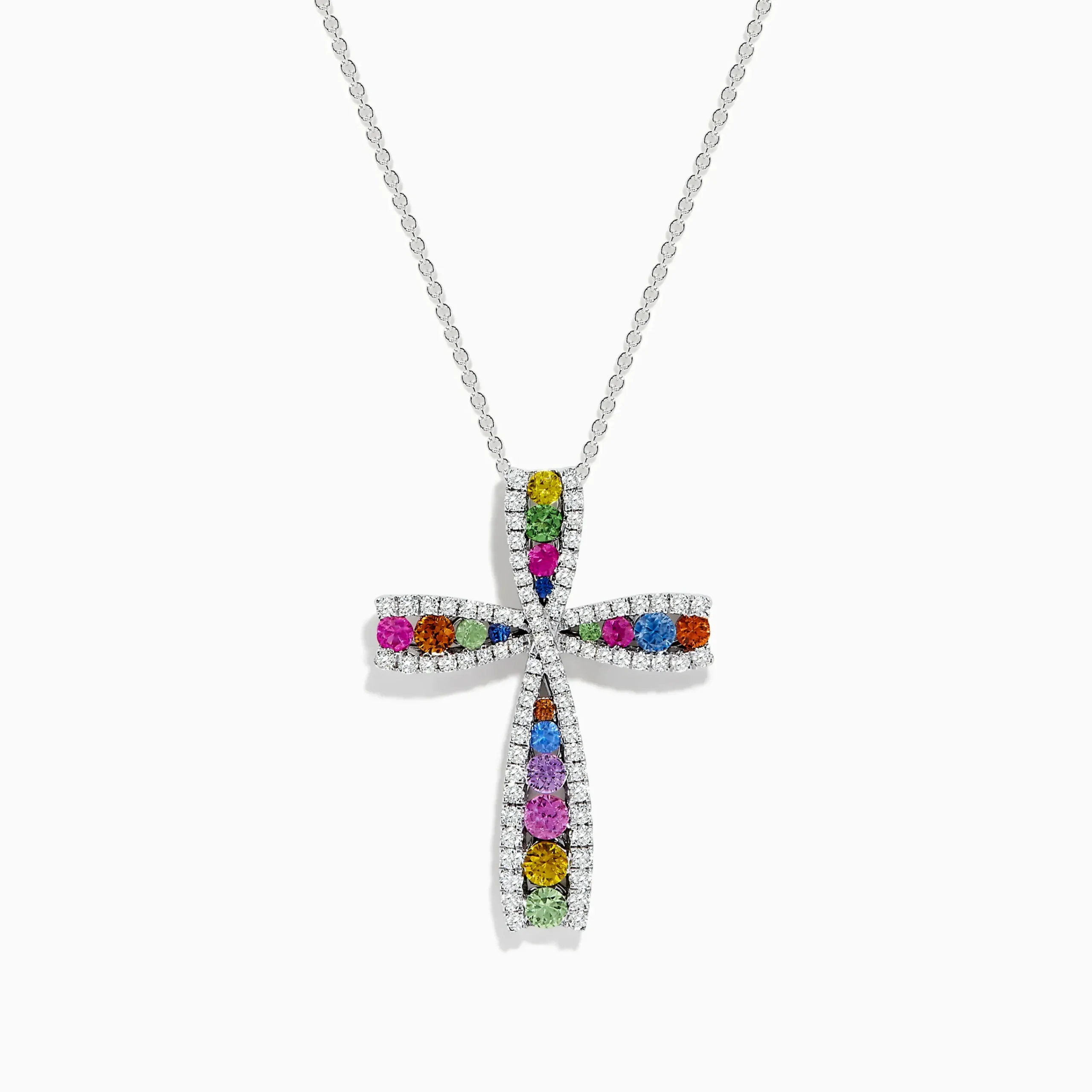 Necklaces & Pendants|BH Multi Watercolors 14K White Gold Multi Sapphire and Diamond Cross Pendant