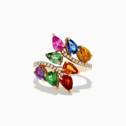 Rings|Effy Jewelry Watercolors 14K Yellow Gold Multi Sapphire and Diamond Bypass Ring
