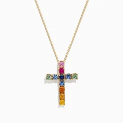 Necklaces & Pendants|BH Multi Watercolors 14K Yellow Gold Multi Sapphire Cross Pendant, 2.05 TCW