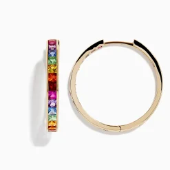 Earrings|BH Multi Watercolors 14K Yellow Gold Multi Sapphire 1" Hoop Earrings, 4.79 TCW