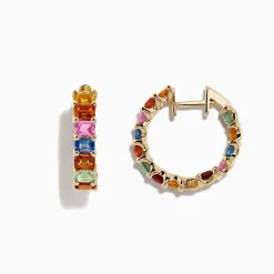 Earrings|BH Multi Watercolors 14K Yellow Gold Multi Sapphire Hoop Earrings, 6.42 TCW